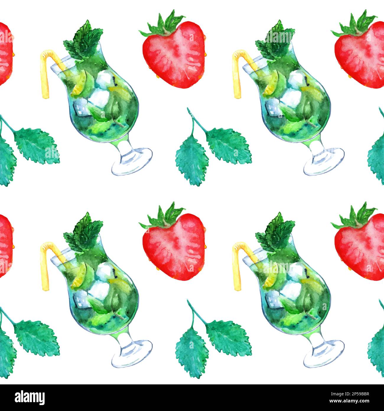 Aquarell Mojito Limette Eis Minze Erdbeercocktail nahtlos gemustert Vektor. Stock Vektor