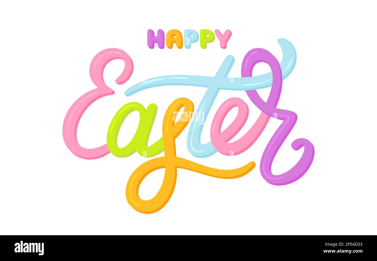Happy Easter Regenbogen Schriftzug Kalligraphie flach. Handgeschriebenes Bannerschild mit bunten Weihnachtsmotiven Süßigkeiten Dekoration Grußkarte Poster Typografie Aufkleber traditioneller Feiertagsfrühling isoliert Stock Vektor