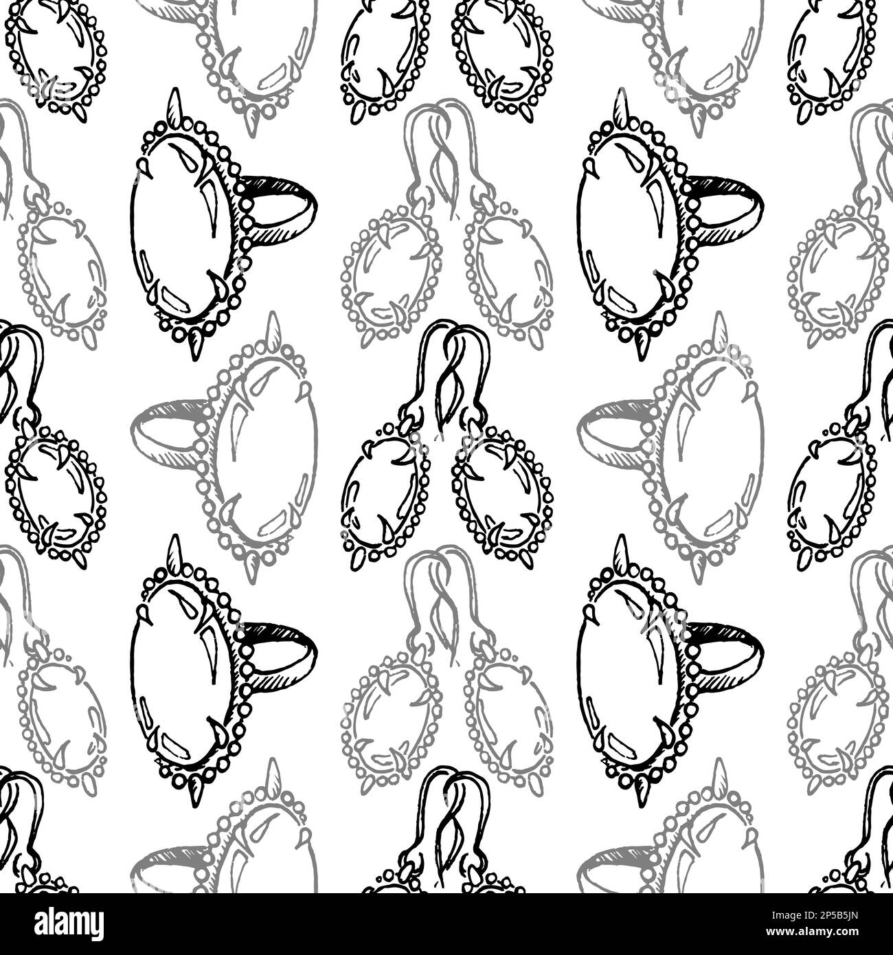 Doodle-Schmuck Skizzieren Ring Ohrringe Vintage nahtloser Mustervektor. Stock Vektor