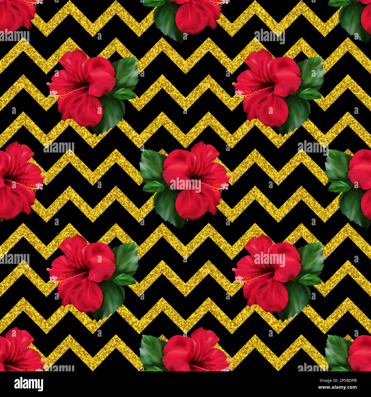 Hibiscus Karkade tropische exotische Blume Glitzer geometrischer Zickzack-Hintergrund mit nahtlosem Muster. Stockfoto