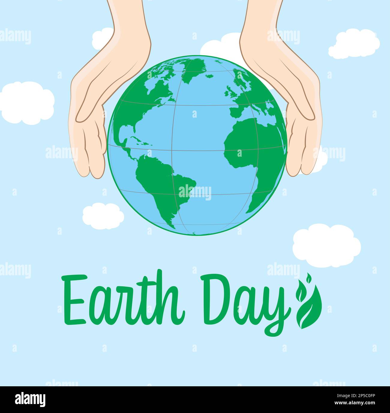 Frohen Tag Der Erde. Ein Mensch hält Hände in der Nähe des Planeten und des Himmels mit Wolken im Hintergrund, Illustration Stockfoto