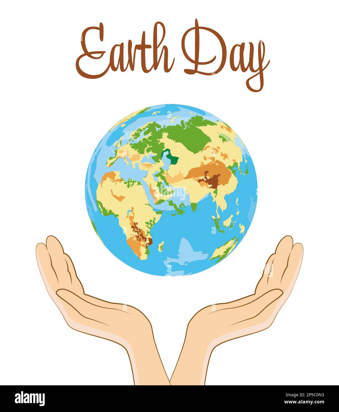 Frohen Tag Der Erde. Ein Mensch, der Hände in der Nähe des Planeten hält, auf weißem Hintergrund, Illustration Stockfoto