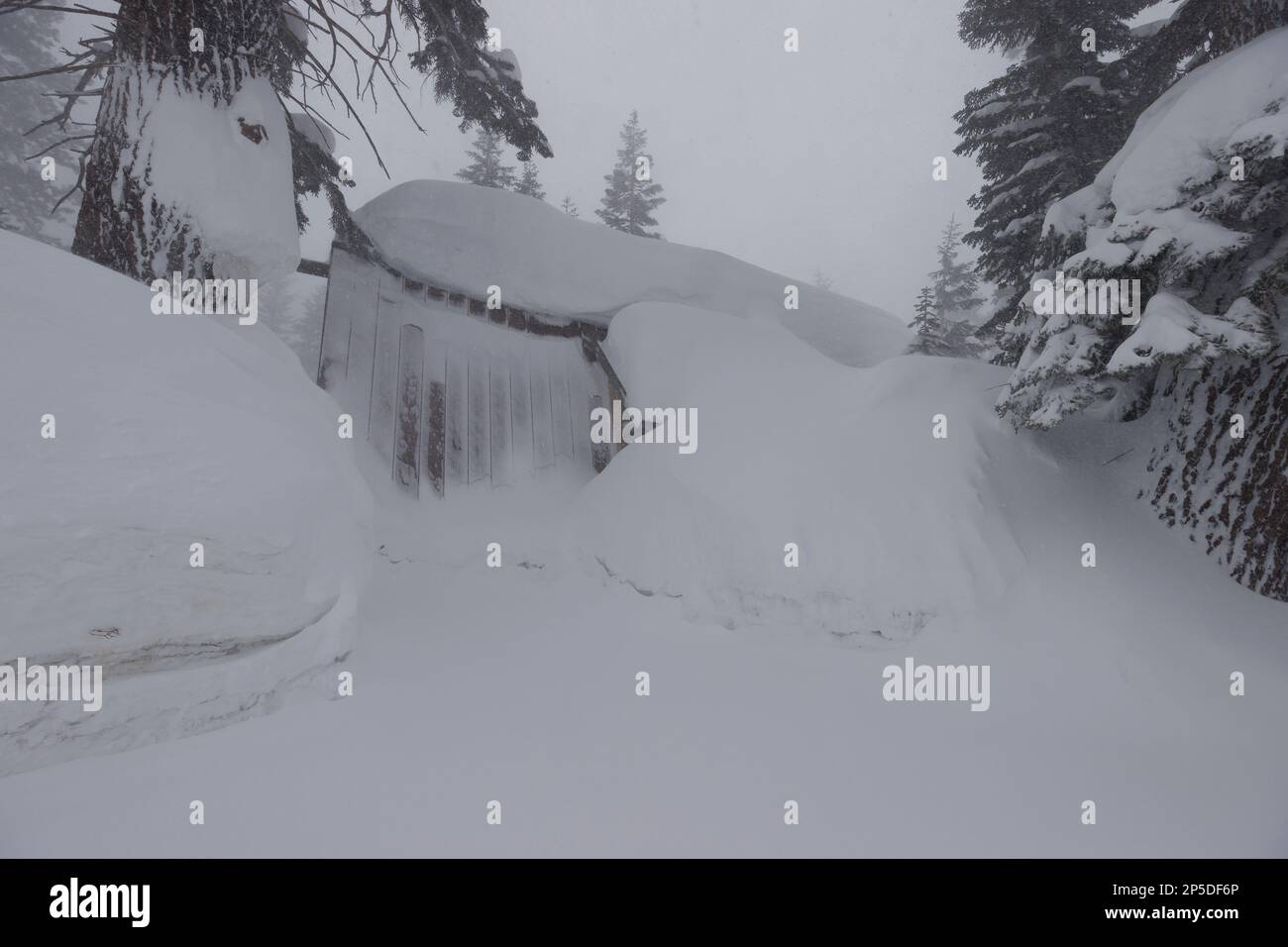 Mammoth Lakes, Kalifornien. 27. Februar 2023. Ein Haus, das während eines Schneesturms in Mammoth Lakes, Kalifornien, im Schnee begraben wurde. Stockfoto