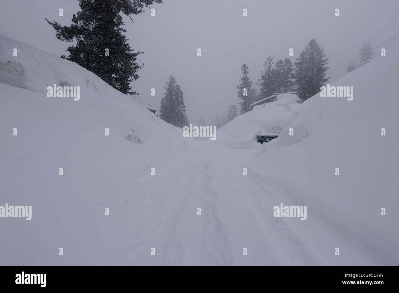 Mammoth Lakes, Kalifornien. 27. Februar 2023. Eine schneebedeckte Straße während eines Schneesturms in Mammoth Lakes, Kalifornien. Stockfoto