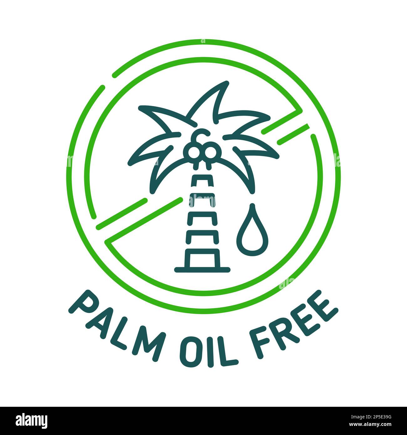 Symbol und Schild für Palmöl-freie Ausführung. Produktetikett für natürliche Ernährung oder ökologisch sichere Kosmetika, Aufkleber oder Abzeichen für gesunde und organische Lebensmittel. Palmöl enthalten Stock Vektor