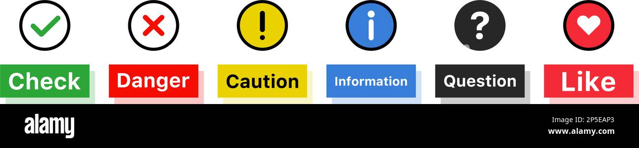 Prüfen Sie die Symbolgruppe „Gefahr, Vorsicht und Informationen“ und „Frage und Gefällt mir“. Bearbeitbarer Vektor. Stock Vektor