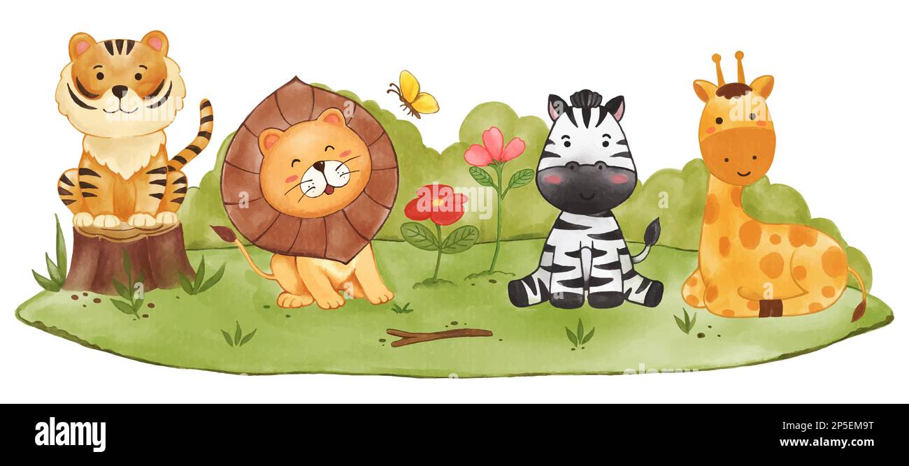 Realistische Aquarellfarben von Wildtieren auf Grünland. Zeichentrickfigur. Isoliert . Vector . Stock Vektor