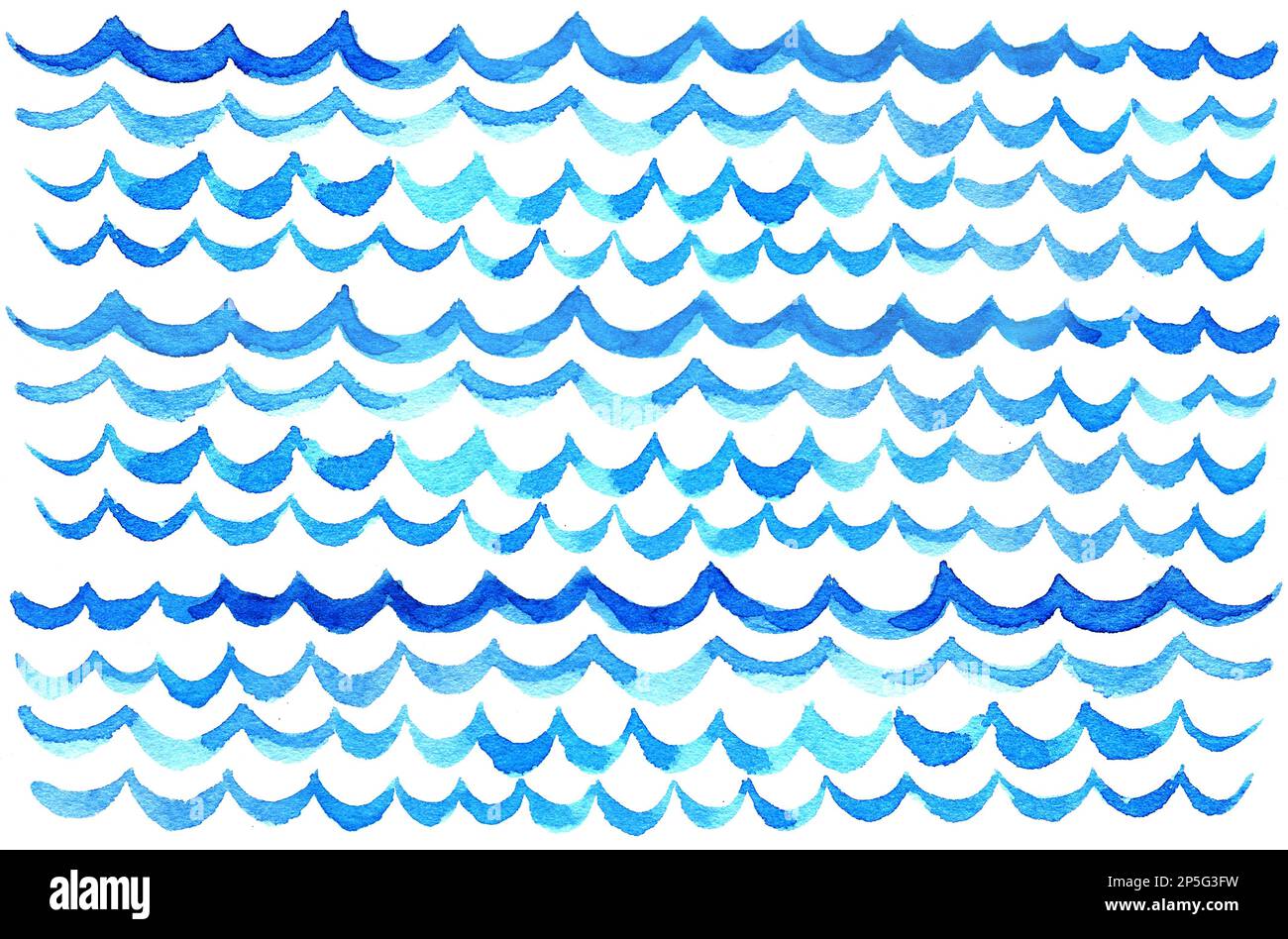Aquarellblaue Wellenlinien, handgezeichneter Meereshintergrund, gebürstetes Gewebe Stockfoto