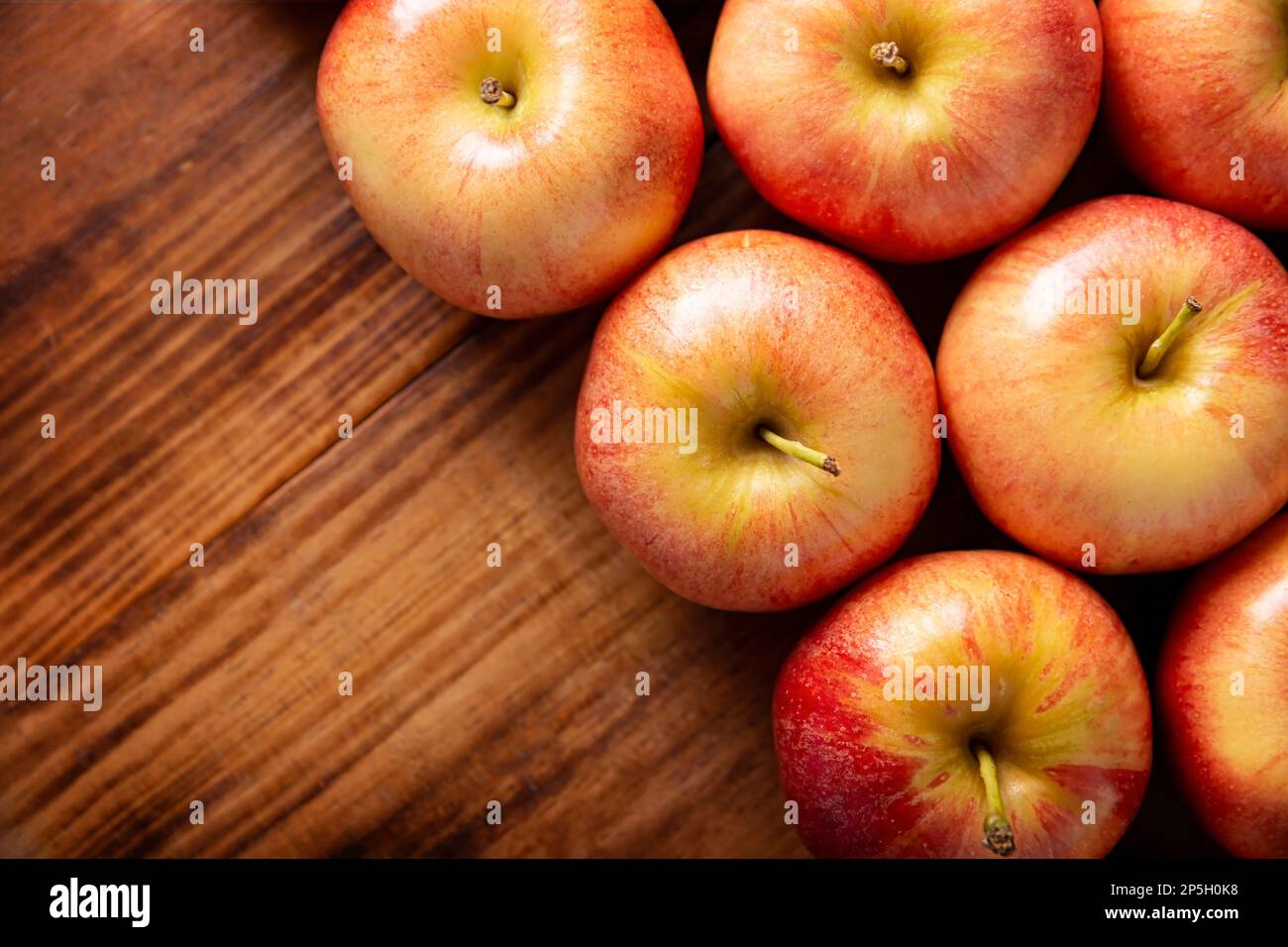 Mehrere königliche Gala-Äpfel (Malus domestica). Apfelbäume werden weltweit angebaut und sind die am weitesten verbreitete Art der Gattung Malus. Tischplatte V Stockfoto