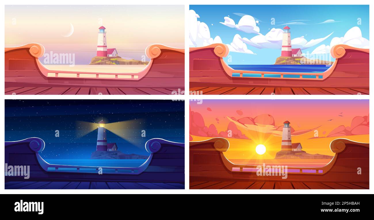 Blick auf den Leuchtturm und die Insel von einem alten Holzschiff aus bei Nacht und Tag. Vektor-Cartoon-Illustration des nautischen Turms auf felsigem Land, wunderschöner Sonnenaufgang und Sonnenuntergang über dem Meerwasser. Abenteuer-Abenteuer-Reise Stock Vektor