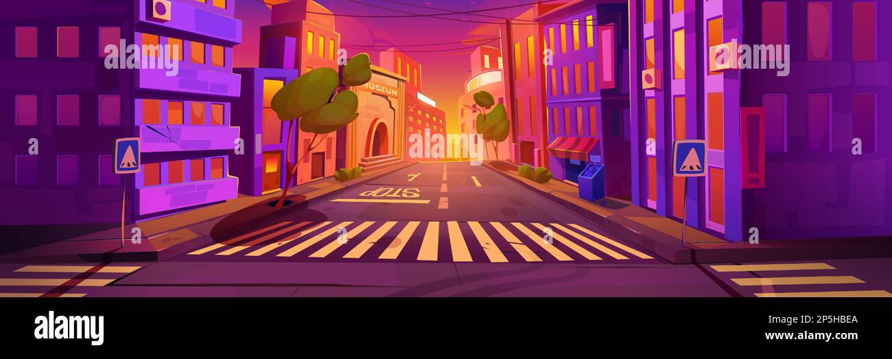 Sonnenaufgang am Morgen in der modernen Innenstadt. Vektor-Cartoon-Illustration einer leeren urbanen Straße mit Geschäften, Museen und Wohngebäuden, Business Center, Verkehrsschildern an der Kreuzung unter farbenfrohem Himmel Stock Vektor