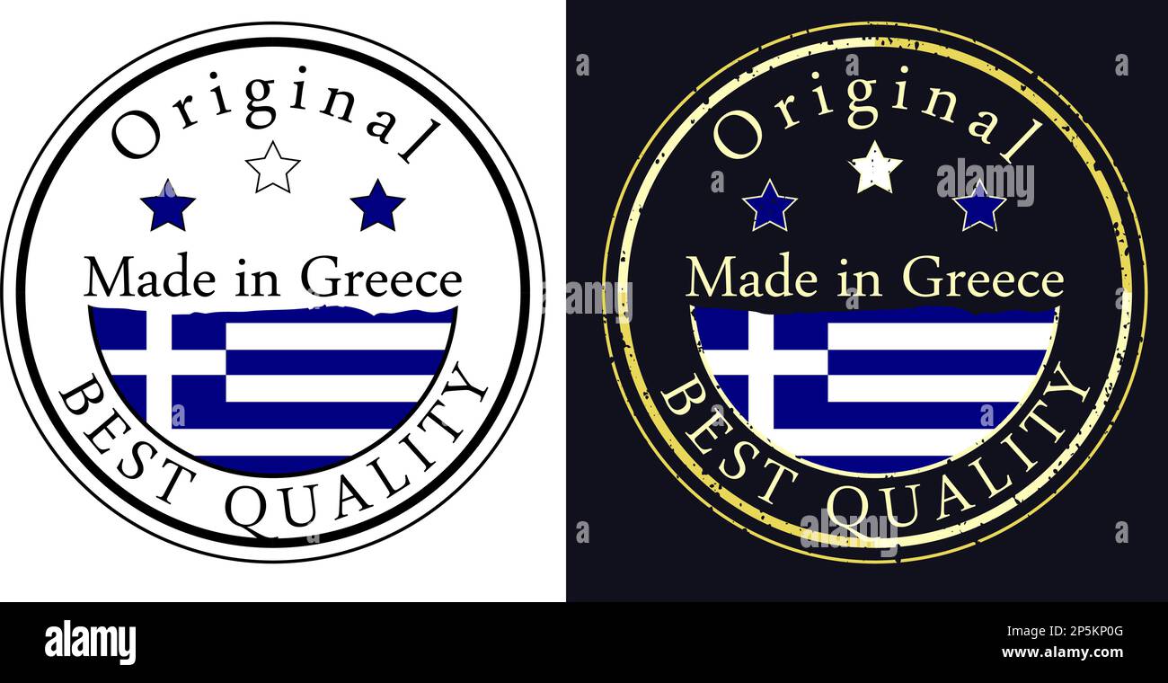 Runde Etiketten mit Fahne, Original in bester Qualität. Vektordarstellung der griechischen Flagge. Stock Vektor