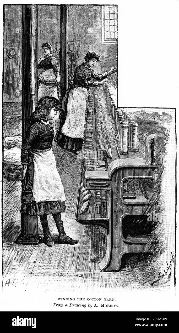 Gravur einer jungen Frau, die eine Baumwolle herstellende Maschine ansieht, um 1880 Stockfoto