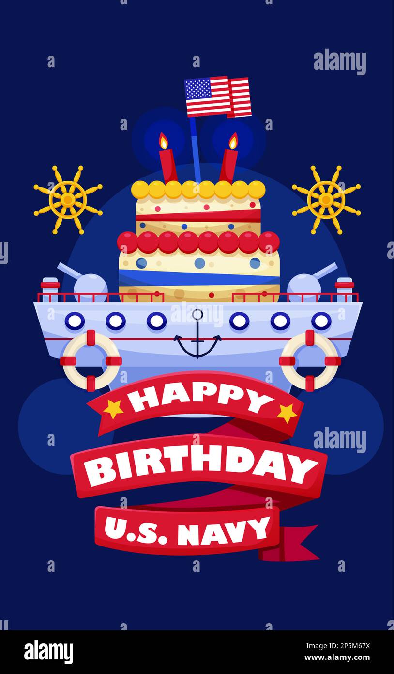 Herzlichen Glückwunsch zum Geburtstag Navy, Illustration eines Schiffes mit einem Geburtstagskuchen Stock Vektor