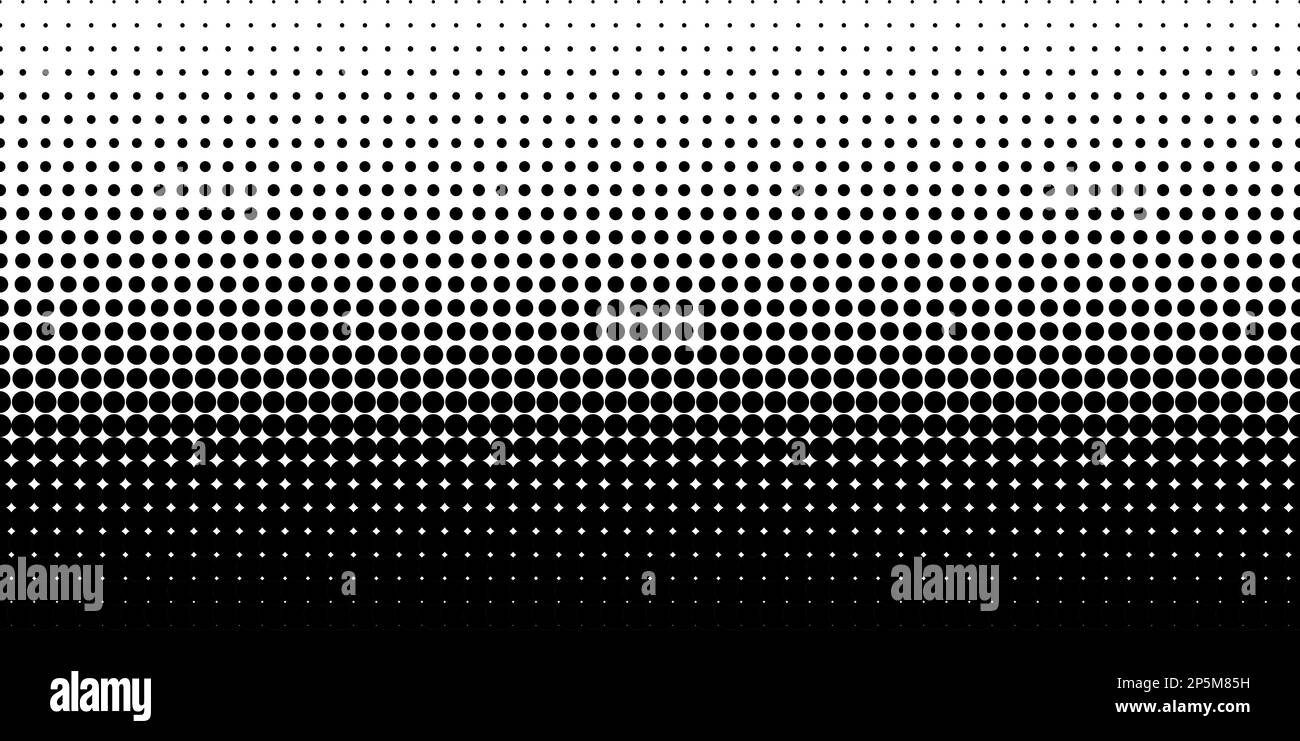 Gepunkteter Rasterhintergrund für Gradienten. Horizontales nahtloses gepunktetes Muster im Pop-Art-Stil. Abstrakte, moderne, stilvolle Textur. Farbverlauf schwarz und Stock Vektor Gepunkteter Rasterhintergrund für Gradienten. Horizontales nahtloses gepunktetes Muster im Pop-Art-Stil. Abstrakte, moderne, stilvolle Textur. Farbverlauf schwarz und Stock Vektor