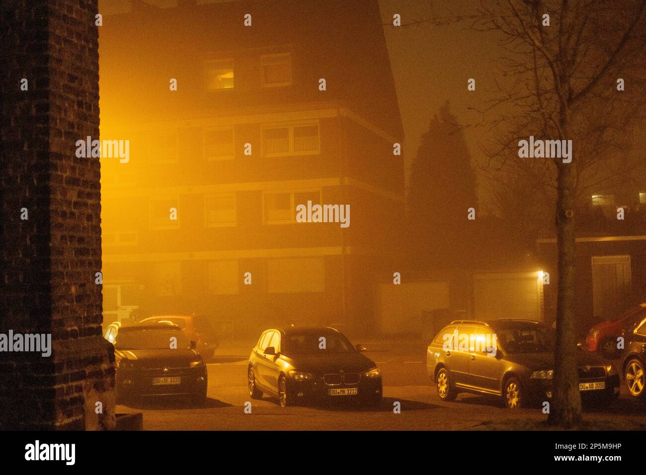 2021 04 03, Duisburg, Deutschland: Drei Autos stehen in dickem Nebel, von der Seite beleuchtet Stockfoto