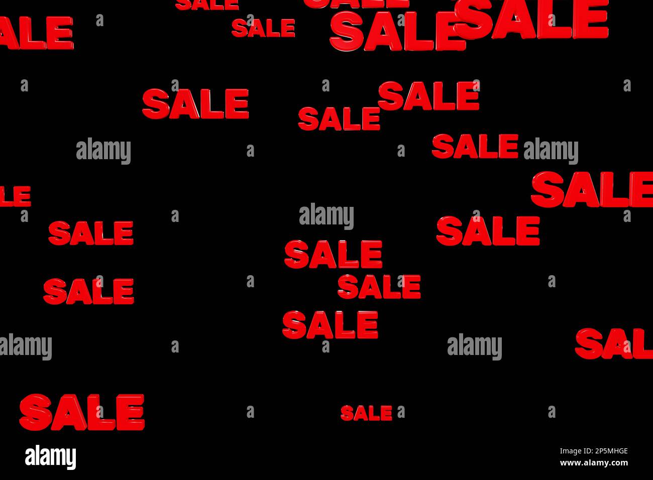 Verkauf roter Wörter auf schwarzem Hintergrund 3D-Rendering. Rabatt fällt zufriedenstellend. Großer Sale, Rabatt, Black friday, Einkaufszentrum oder demnächst erscheinendes Konzept Stockfoto