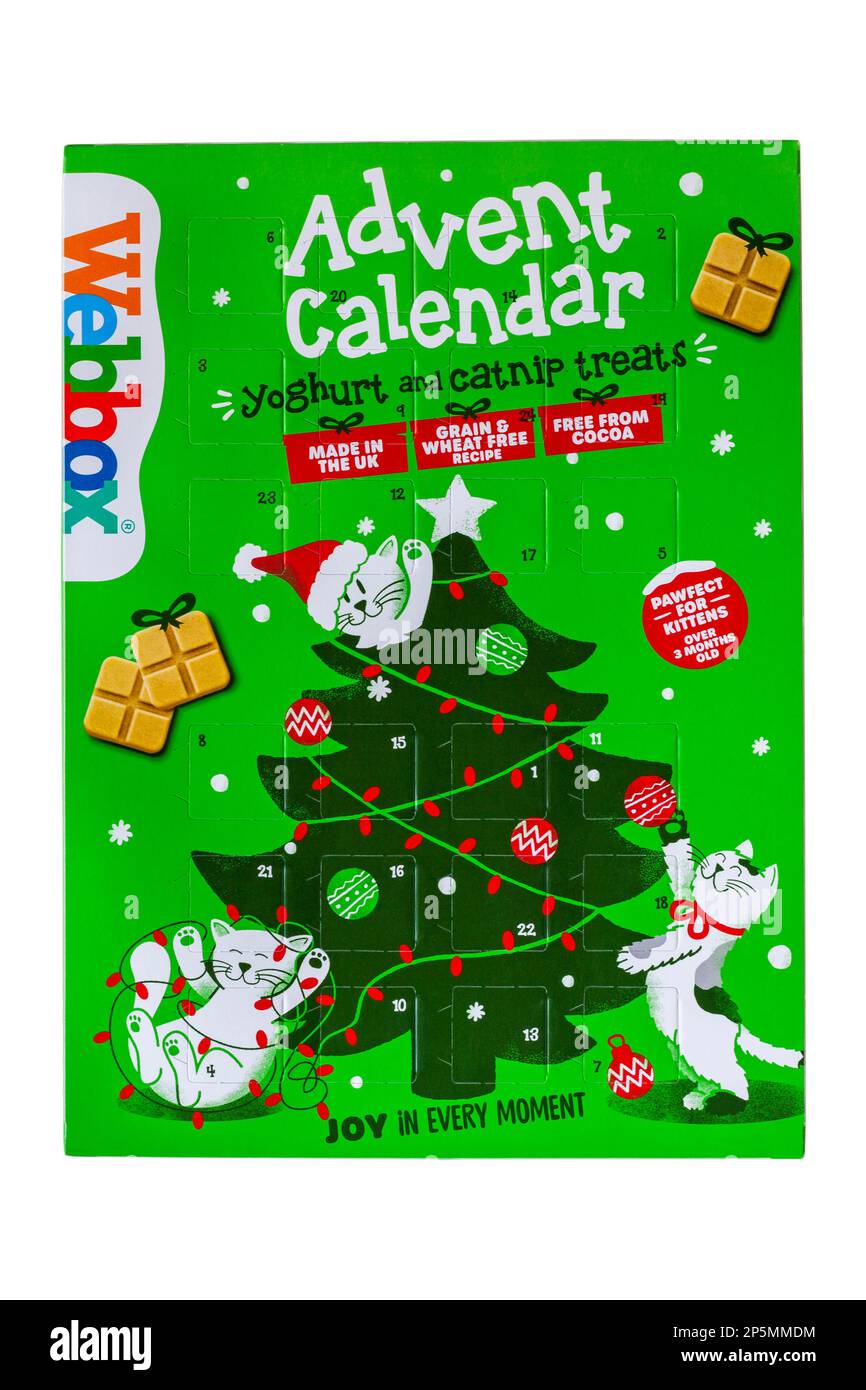 Katzenkalender für Katzen mit Joghurt und Katzenschnitzel von Webbox isoliert auf weißem Hintergrund Stockfoto