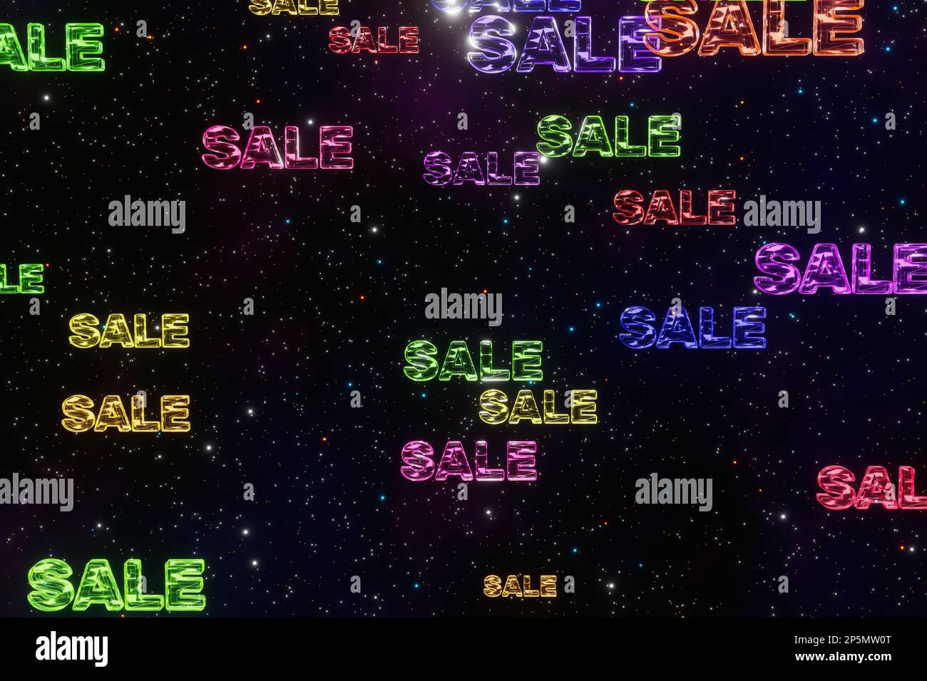 Farbenfrohe Wörter im 3D-Rendering von Space Cyberpunk im Hintergrund. Rabatt fällt zufriedenstellend. Großer Sale, Rabatt, Black friday, Einkaufszentrum oder kommen Stockfoto