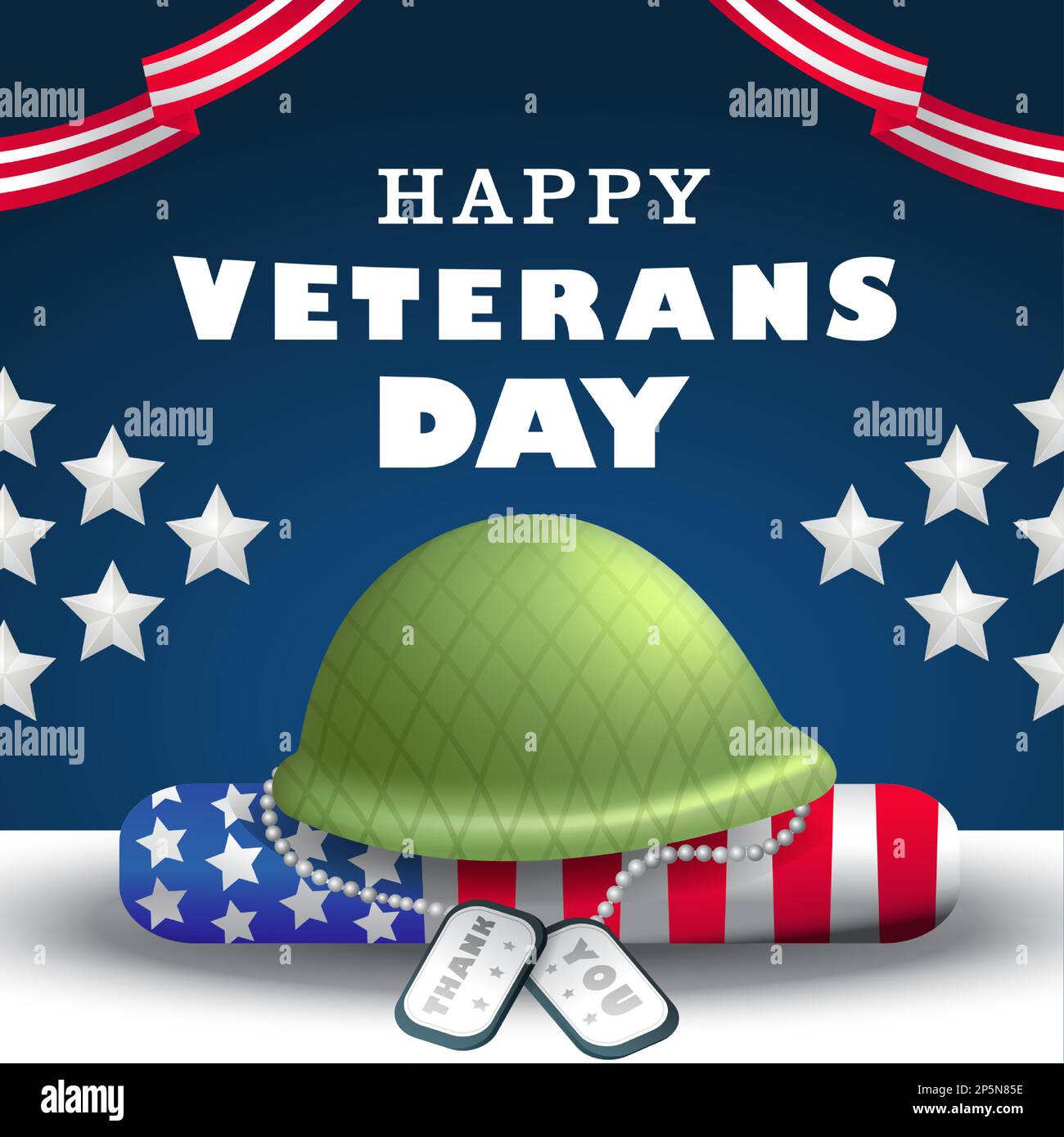 Happy Veterans Day, Veteranenhelm und Halskette auf der Flagge Stock Vektor