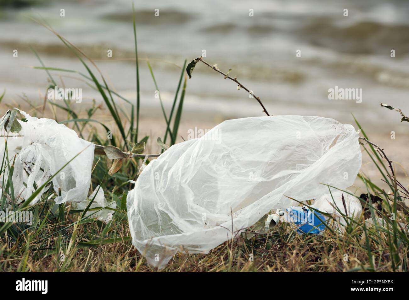 Plastikmüll verstreut auf Gras in der Nähe des Flusses Stockfoto