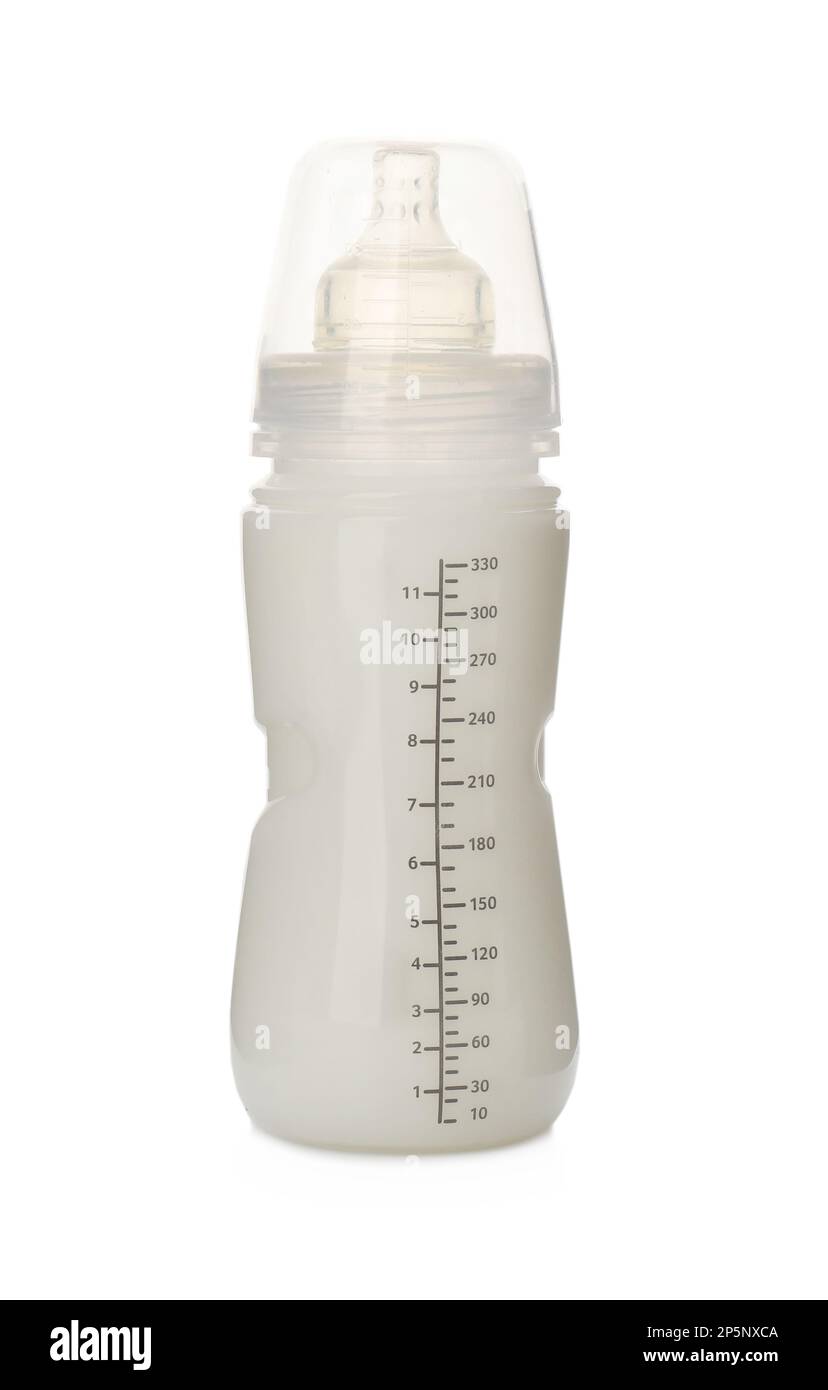 Milchflasche mit Säuglingsnahrung auf weißem Hintergrund. Babymilch Stockfoto