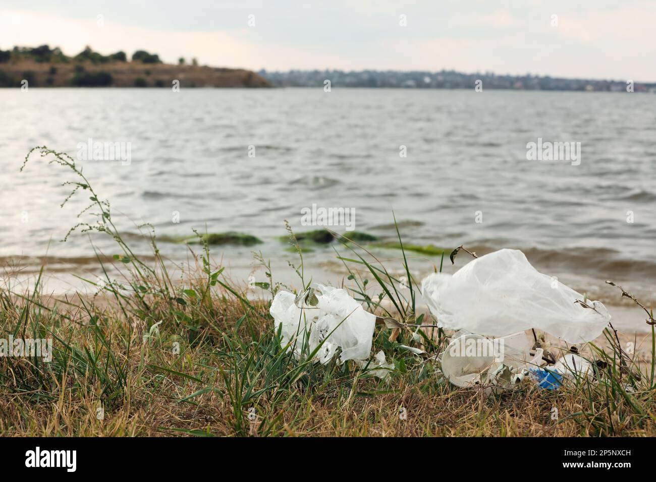 Plastikmüll verstreut auf Gras in der Nähe des Flusses Stockfoto