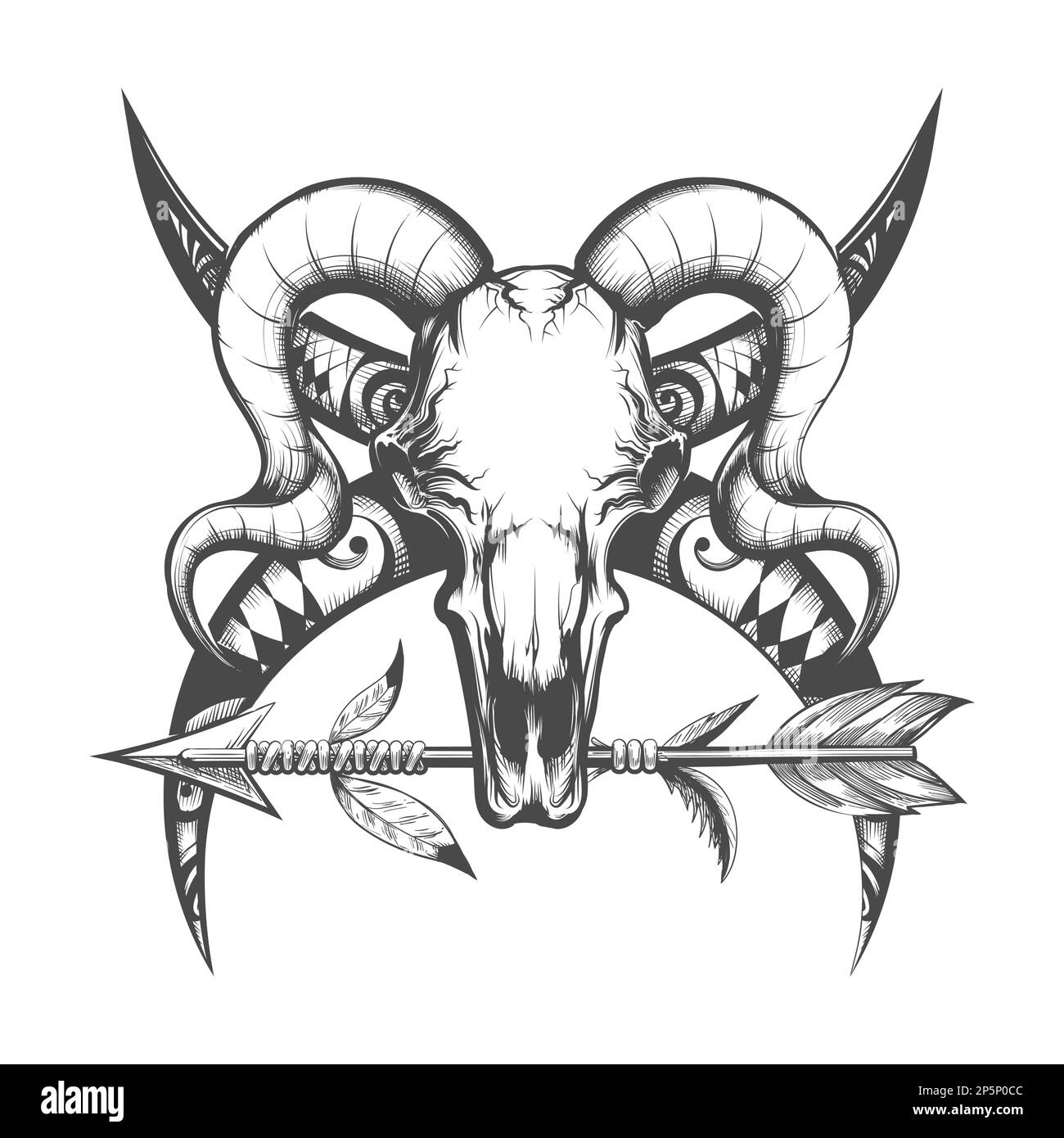 Schwarzweiß-Tattoo von Bull Skull und Indian Arrow, isoliert auf Weiß. Vektordarstellung. Stock Vektor