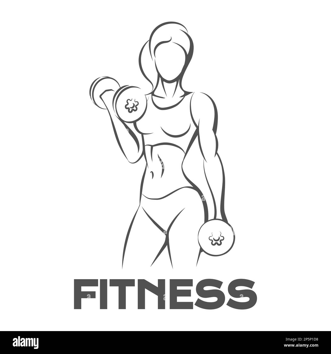 Aktive Frau, die mit Kurzhanteln posiert Fitness Sport Concept Logo oder Emblem Stock Vektor