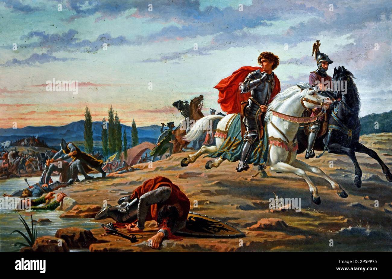 Die Niederlage des Conradin of Swabia in Tagliacozzo durch den Pietro Aldi-Maler (Manciano, 1852-1888) Siena, Italien, Stockfoto