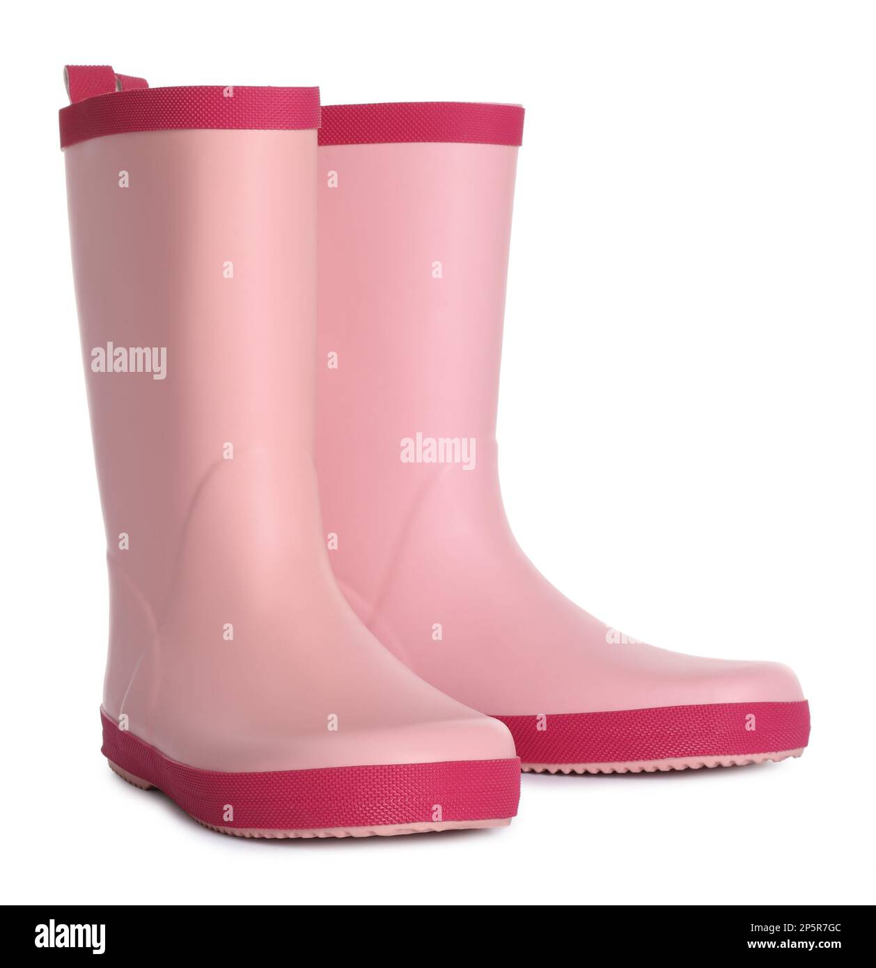Moderne pinkfarbene Gummistiefel isoliert auf Weiß Stockfoto