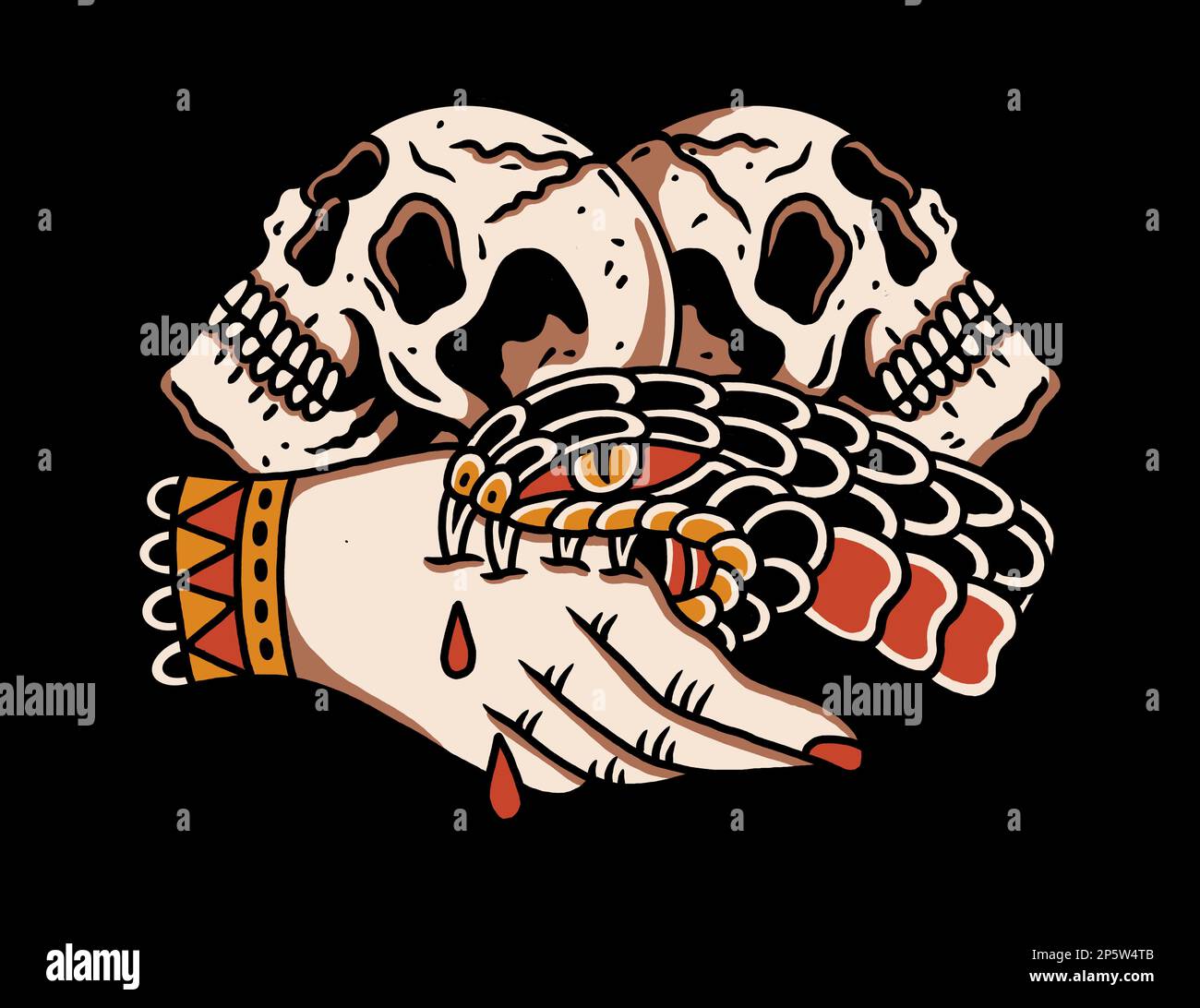 Traditionelles Tattoo-inspiriertes Grafikdesign auf schwarzem Hintergrund Schlange beißt Hand mit Schädeln im Hintergrund und vertraut niemandem Stockfoto