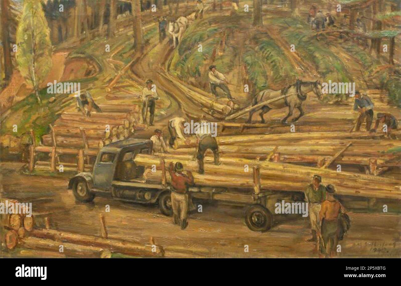 The Loading - Landings, Newfoundland Lumberjacks at Work in Scottish Forest, David Macbeth Sutherland (Wick, Schottland, 1883 - 1973) 1940 Stockfoto