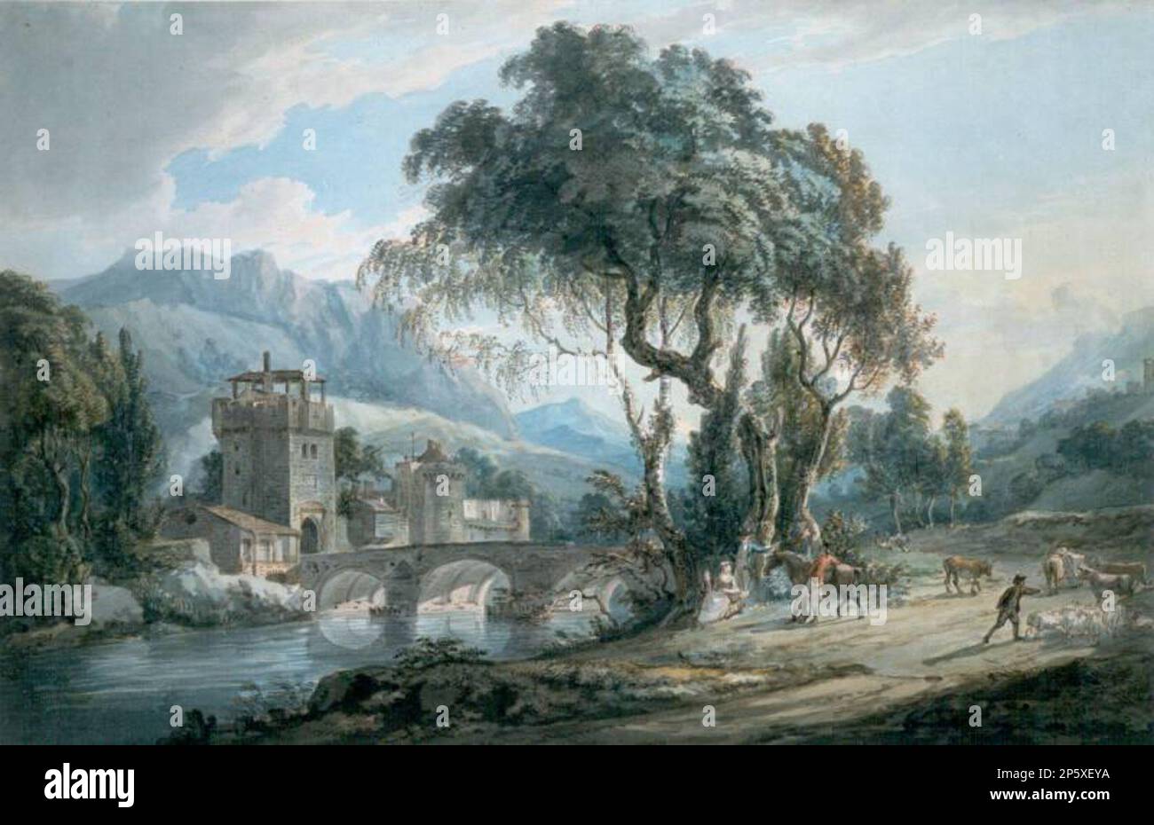 Landschaft mit Fluss und Brücke, Paul Sandby (Nottingham, England, 1725 - 1809) 1750-1774 Stockfoto