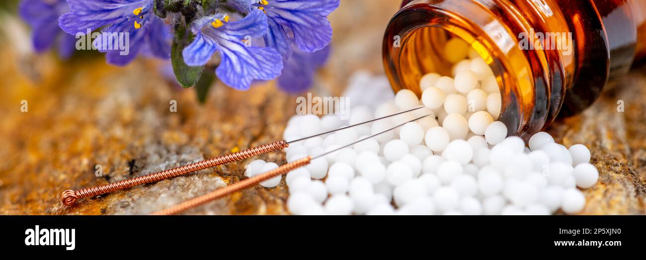 Alternative Medizin und Pflege mit Kräuterpillen und Akupunktur Stockfoto