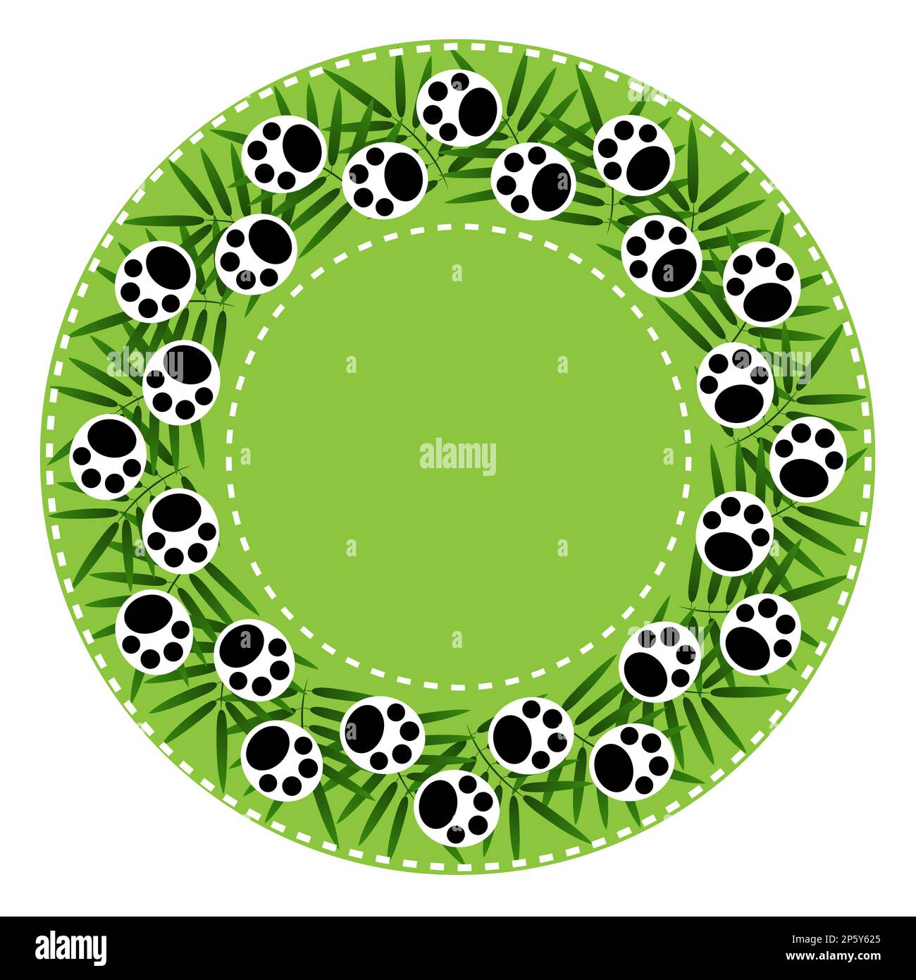 Runder grüner Rahmen mit Pandabdrücken und Palmenblättern. Stock Vektor