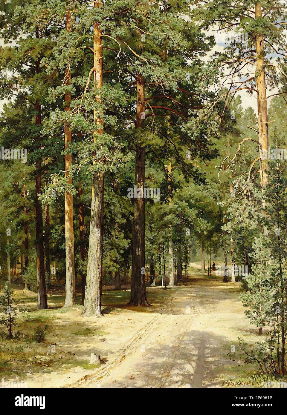 Шишкин Иван - Boslandschap traf Wandelende Vrouw - Русская школа - XIX век - Shishkin Ivan - Boslandschap traf Wandelende Vrouw - Russische Schule - 19. Jahrhundert Stockfoto