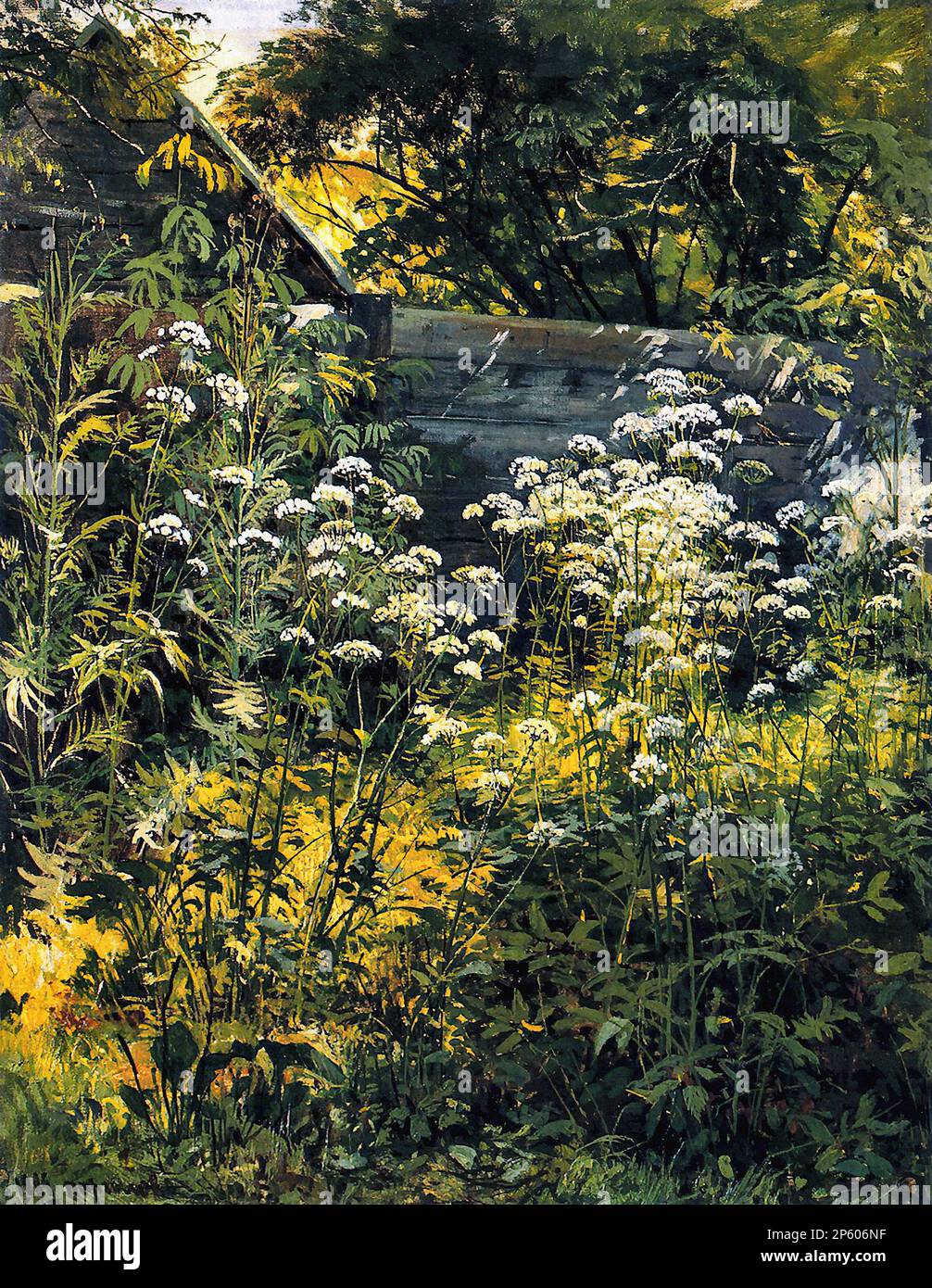 Шишкин Иван - Уголок заросшего сада - Русская школа - XIX век - Shishkin Ivan - Ecke eines überwucherten Gartens - Russische Schule - 19. Jahrhundert Stockfoto