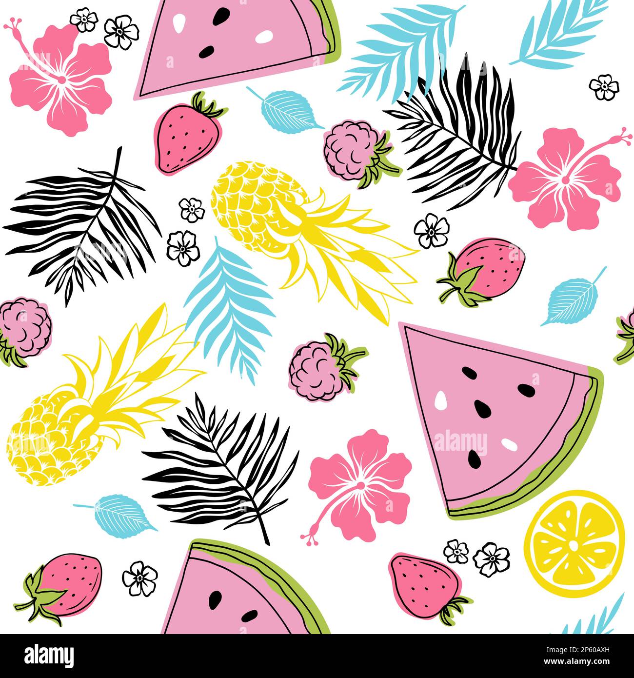 Nahtlose einfache Früchte, Beeren und einfache Blumen und Blätter. Helle Sommerdarstellung isoliert auf weißem Hintergrund Stock Vektor