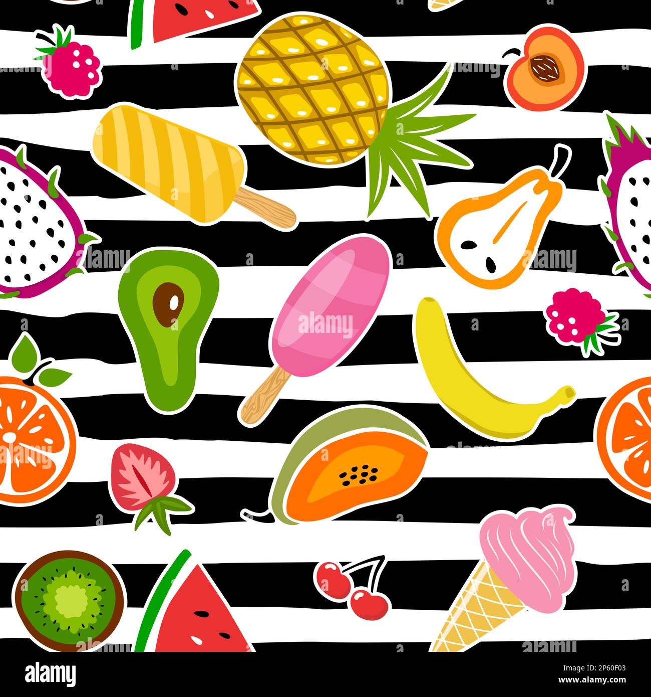 Sommerfrucht und Eiscreme. Süßer Vektor nahtloser Hintergrund mit Ananas, Wassermelone, Zitrone, Orange, Erdbeere, Eiskrem. Stock Vektor