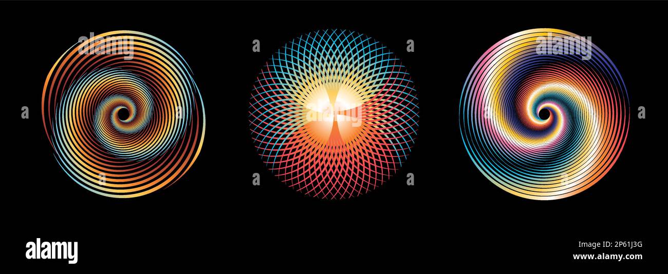 Farbenfrohes geometrisches Kreisdesign auf schwarzem Hintergrund. Eine runde Vektordarstellung in Blütenform. Stock Vektor