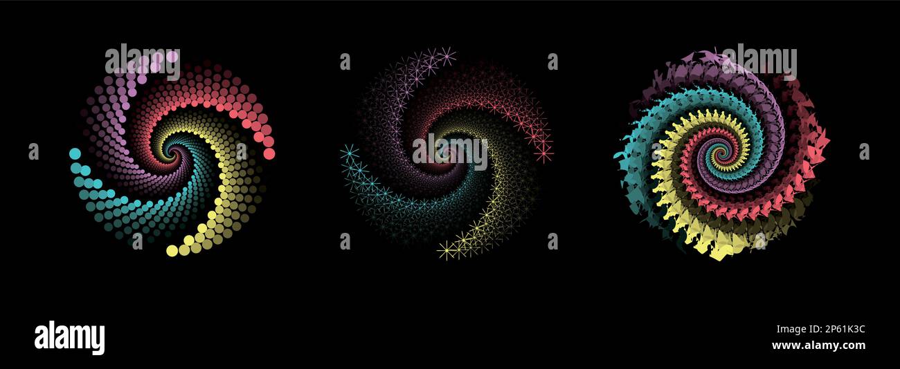 Farbenfrohes geometrisches Kreisdesign auf schwarzem Hintergrund. Eine runde Vektordarstellung in Blütenform. Stock Vektor