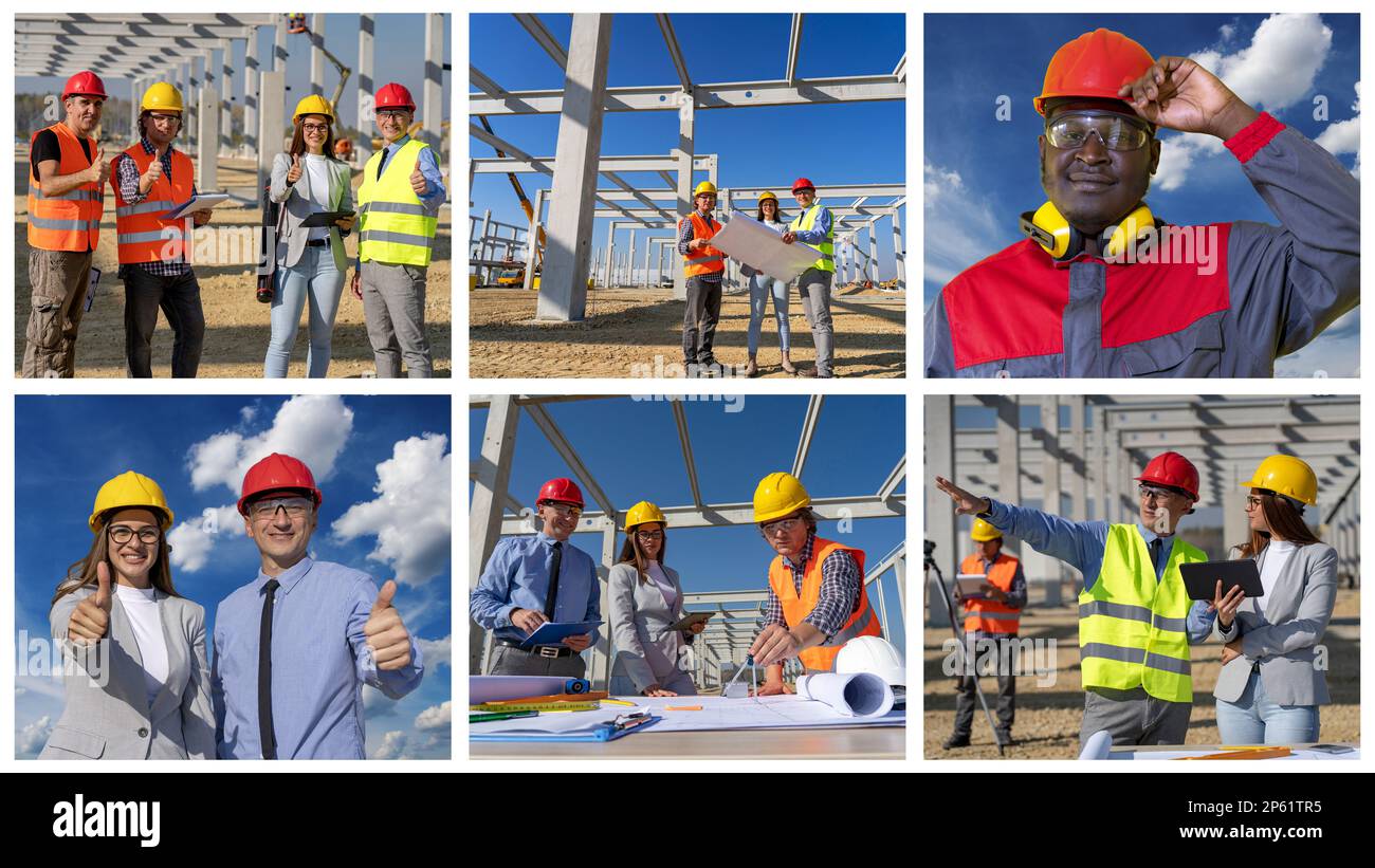 Business, Building, Teamwork und Gleichstellungskonzept. Baugewerbe-Team auf der Baustelle. Betonbau einer zukünftigen Fabrik. Stockfoto