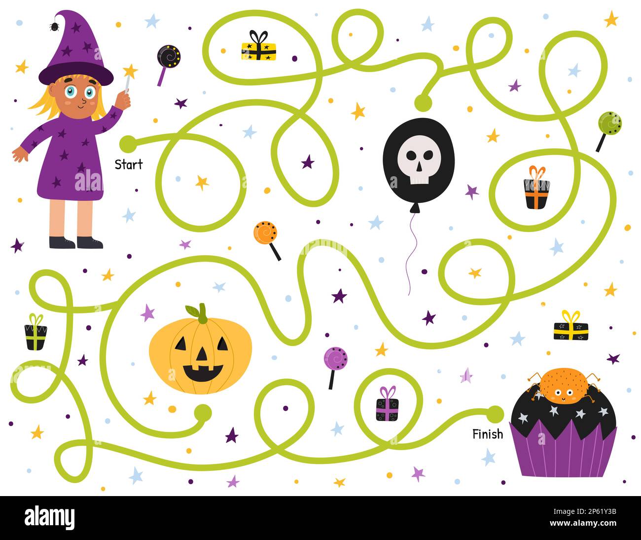 Hilf der süßen Hexe, den Weg zum Cupcake zu finden. Halloween-Labyrinth für Kinder mit niedlichen Figuren Stock Vektor