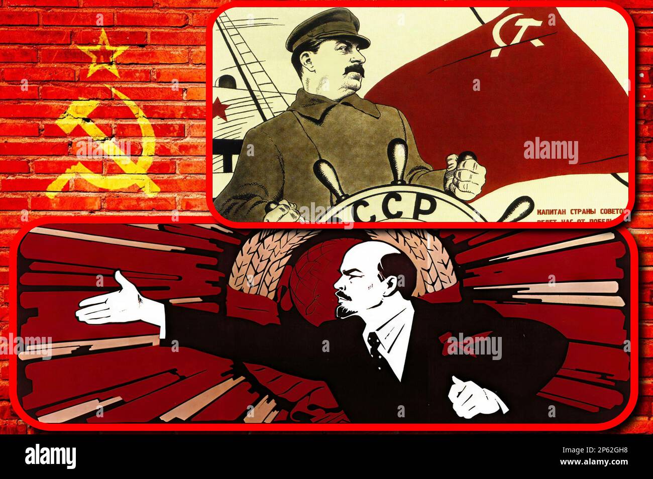 Poster der sowjetischen Propaganda (CCCP, UdSSR), die Lenin und Stalin, zwei grundlegende Persönlichkeiten der kommunistischen Diktatur, würdigen Stockfoto