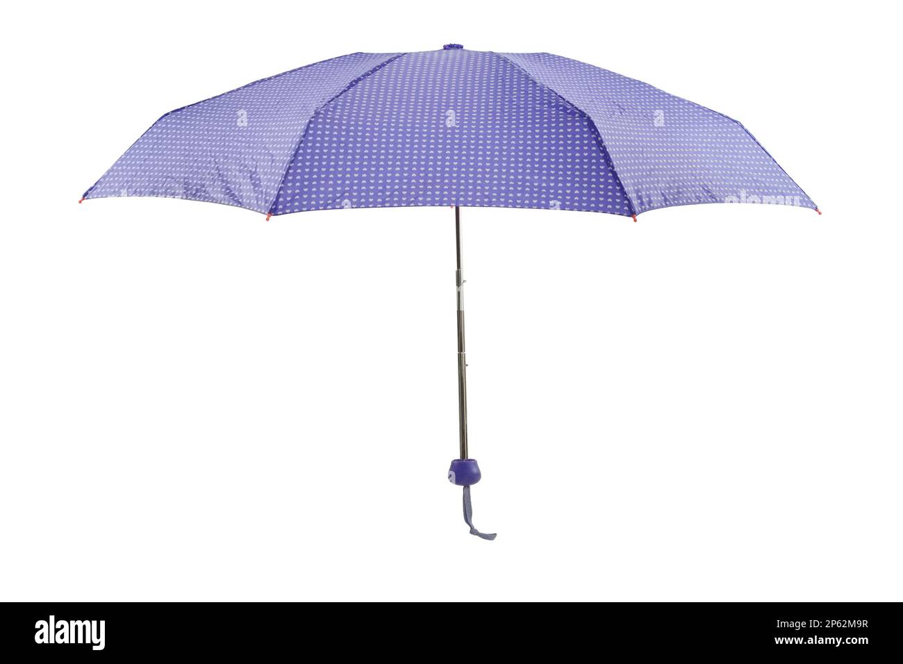 Offener lilafarbener Schirm, isoliert auf weißem Hintergrund Stockfoto