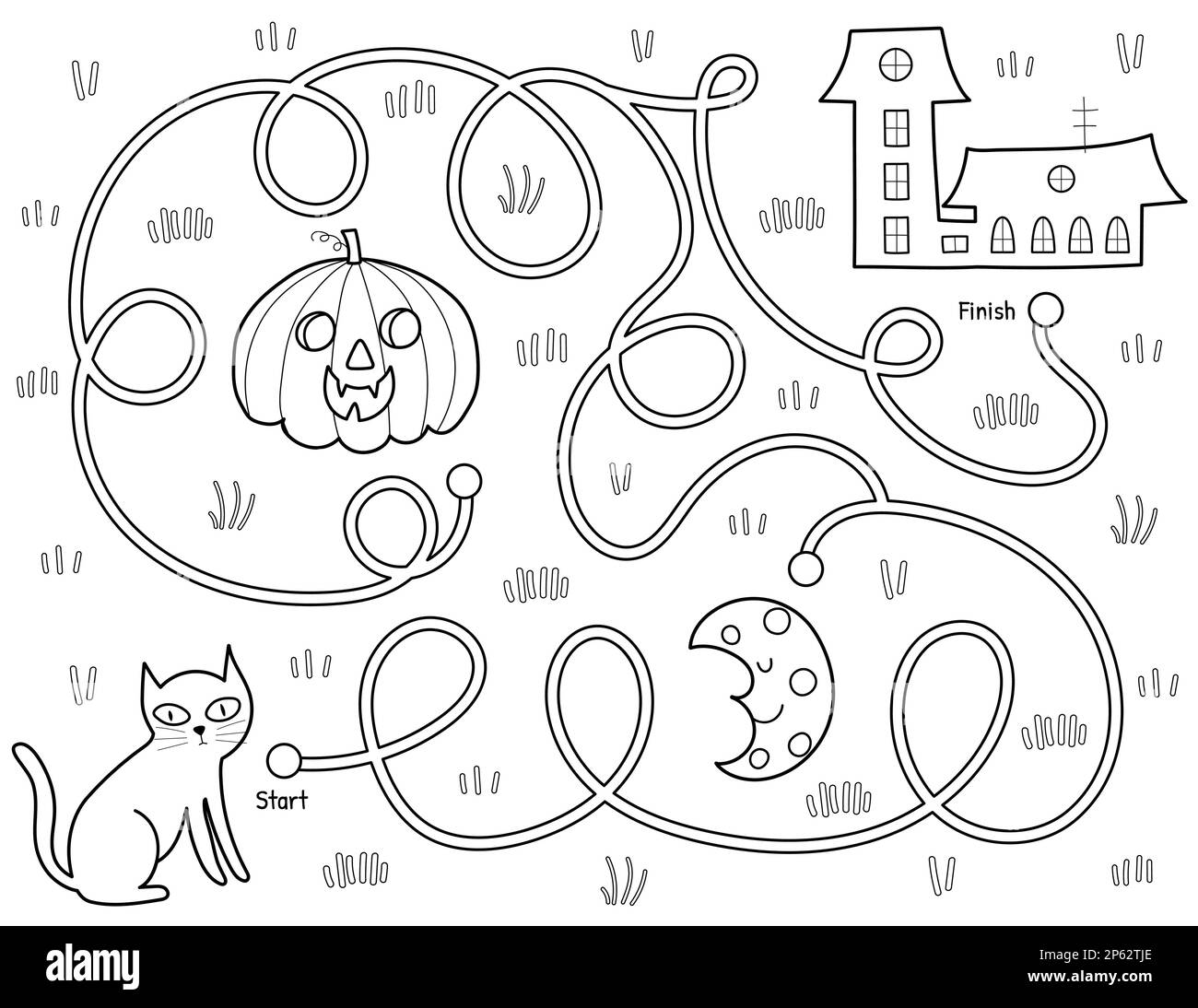 Hilf einer schwarzen Katze, den Weg zum Haus zu finden. Schwarz-Weiß-Halloween-Labyrinth-Spiel Stock Vektor