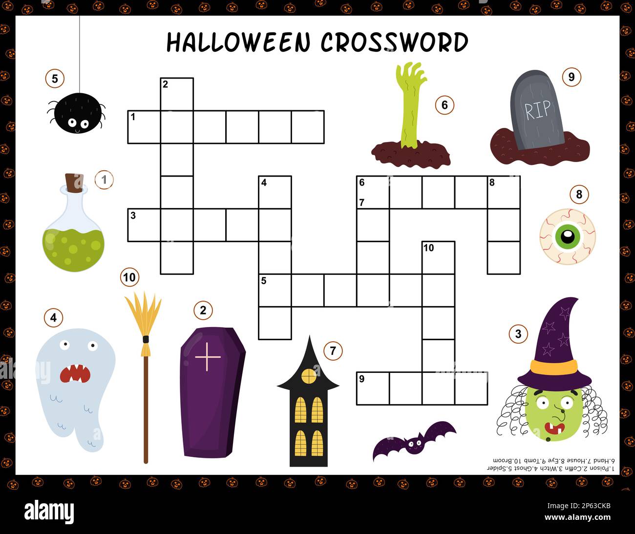 Halloween-Kreuzworträtsel-Aktivitätenseite für Kinder. Puzzle-Spiel mit gruseligen Figuren Stock Vektor