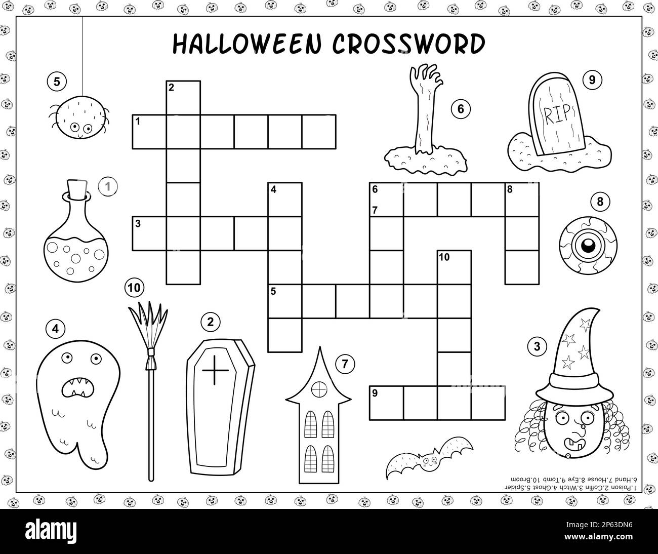 Schwarze und weiße Halloween-Kreuzworträtsel-Aktivitätsseite für Kinder Stock Vektor