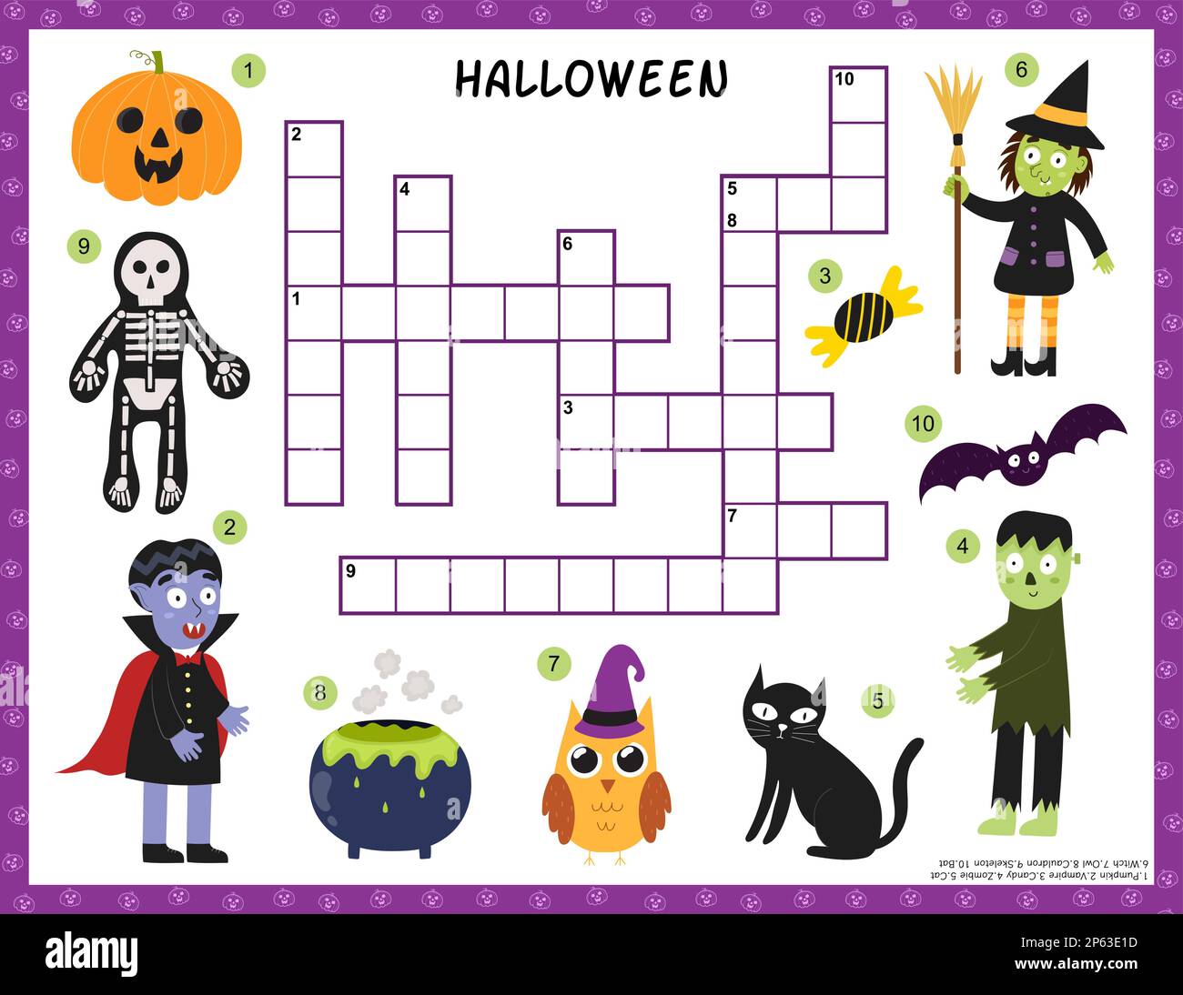 Halloween-Kreuzworträtsel mit niedlichen Figuren. Puzzlespiel für Kinder Stock Vektor